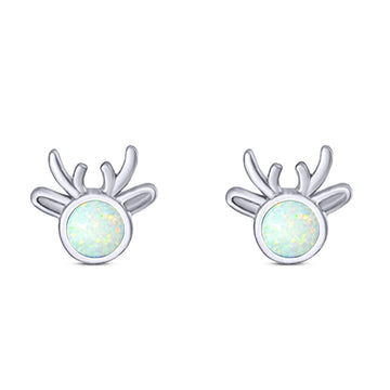 Deer Stud Earring Created White Opal Solid 925 Sterling Silver (7.4mm)